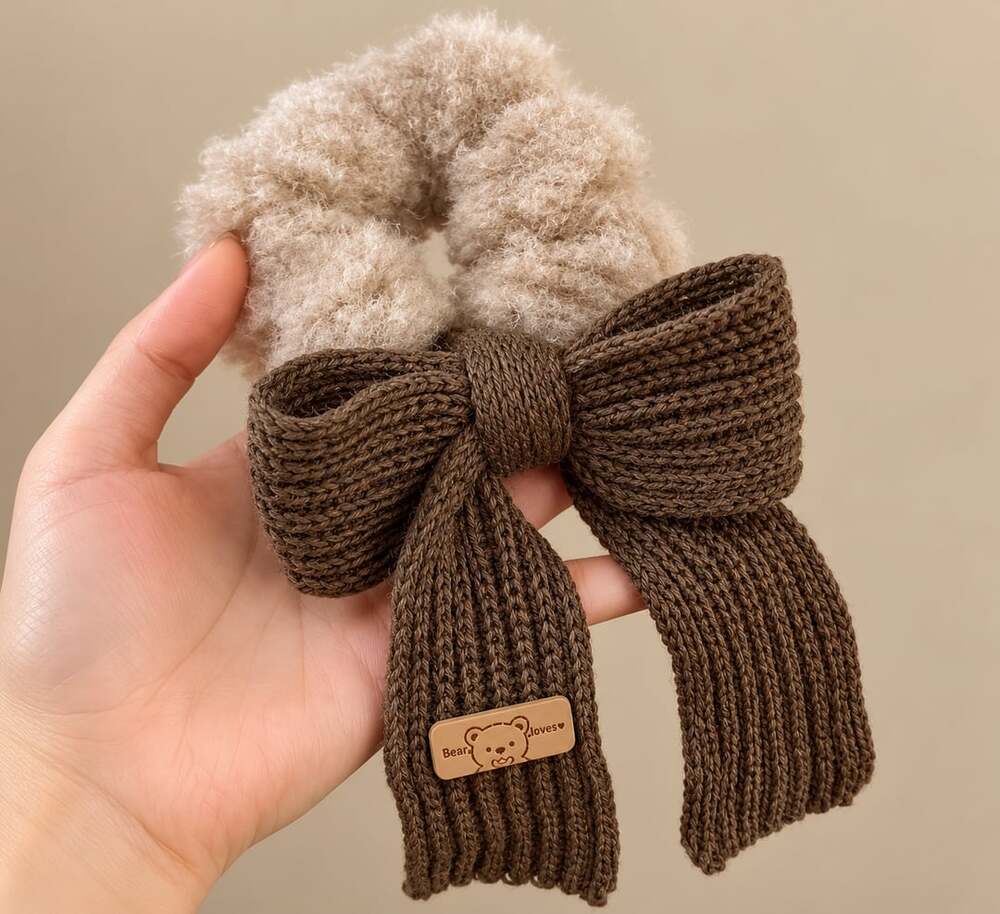 Cozy Knit Bow Scrunchie Brown Fuzzy Hair Tie Cottagecore Hair Accessory